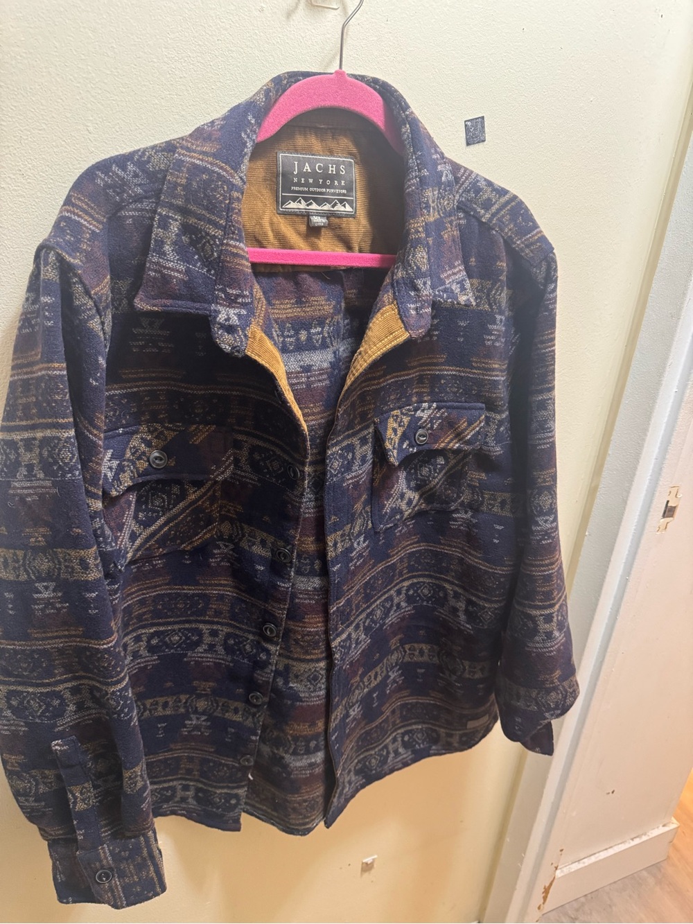 Jachs Navy and Mustard Aztec print wool blend shirt jacket size XL